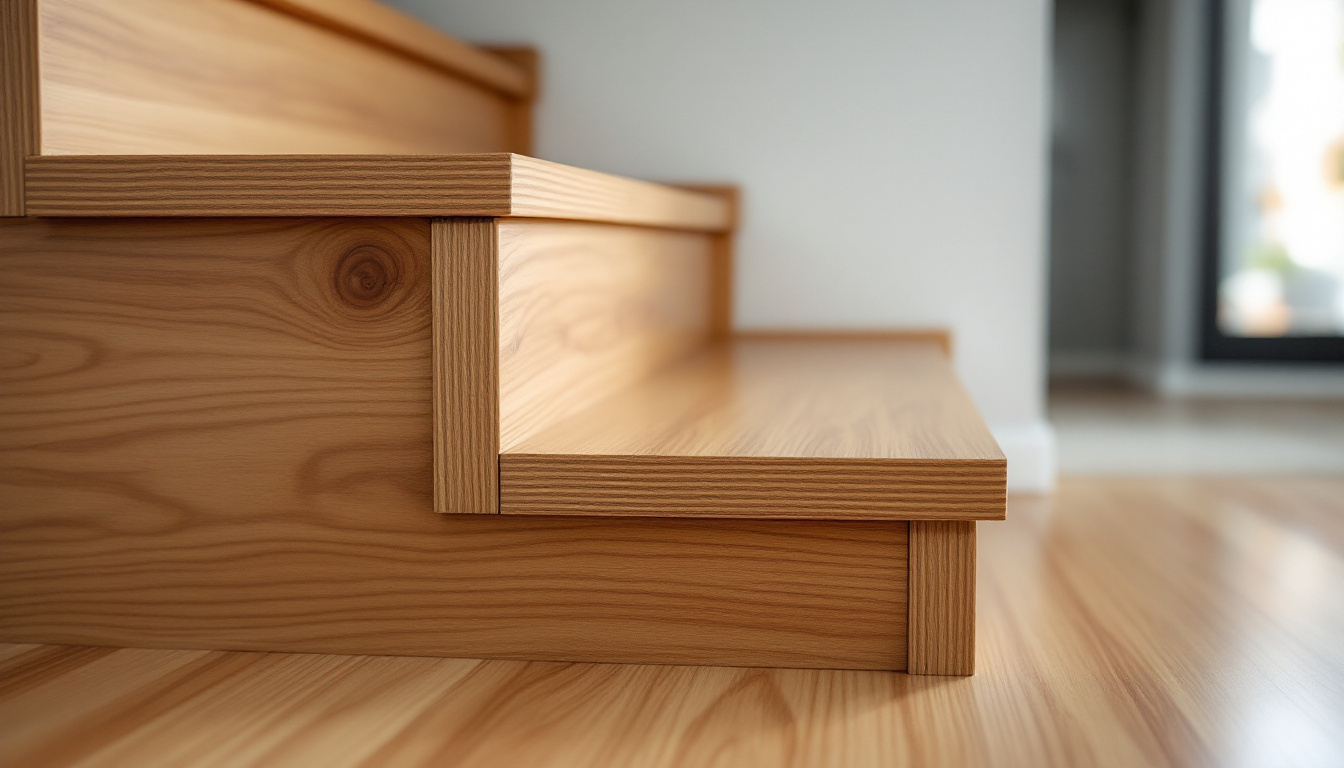 Close view of laminate flooring meeting a fitted stair nosing at an upper landing