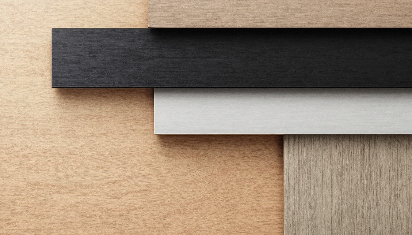 Three stair nosing finish options beside oak-look laminate flooring samples