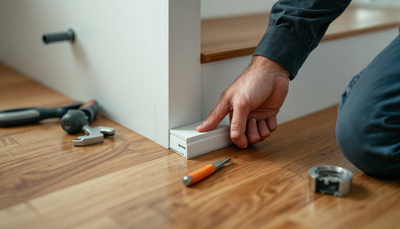 Flooring specialist inspecting movement at a laminate stair nosing