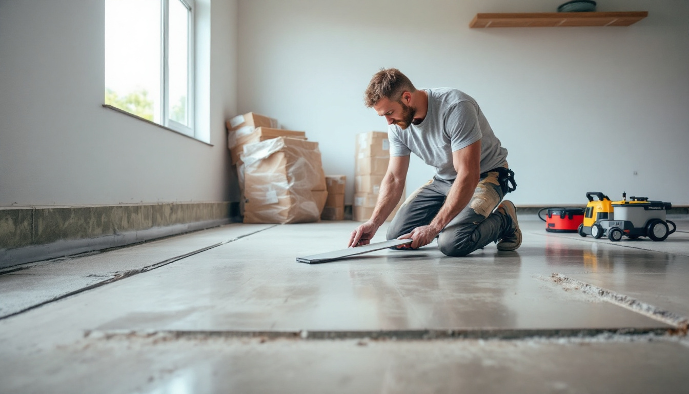 Installer assessing an exposed concrete subfloor before laminate flooring installation