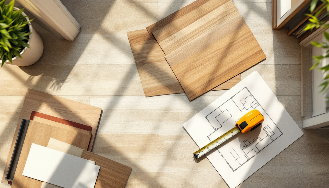 Laminate boards, underlay and transition profiles arranged beside a room layout plan