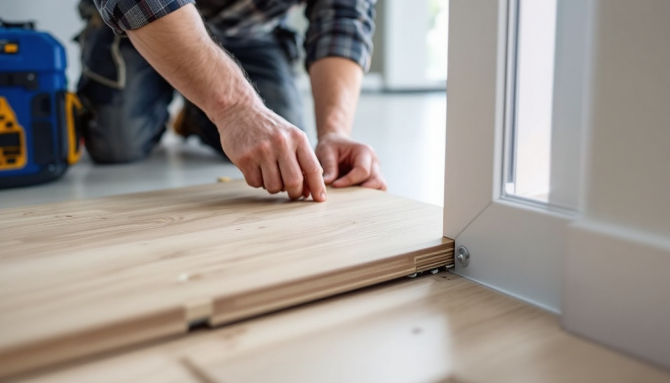 Installer fitting laminate flooring accurately at a doorway with perimeter spacers