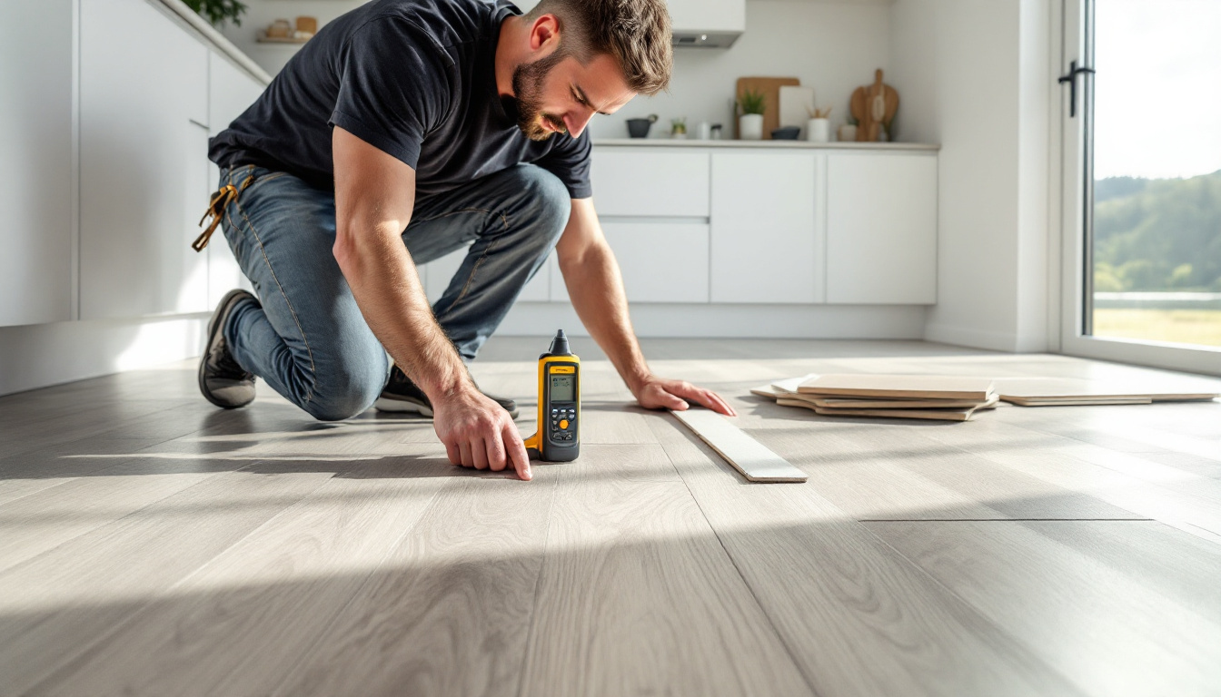 Flooring specialist checking a kitchen substrate before laminate installation