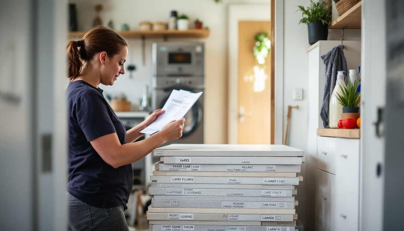 Homeowner storing spare flooring boards and following a care guide