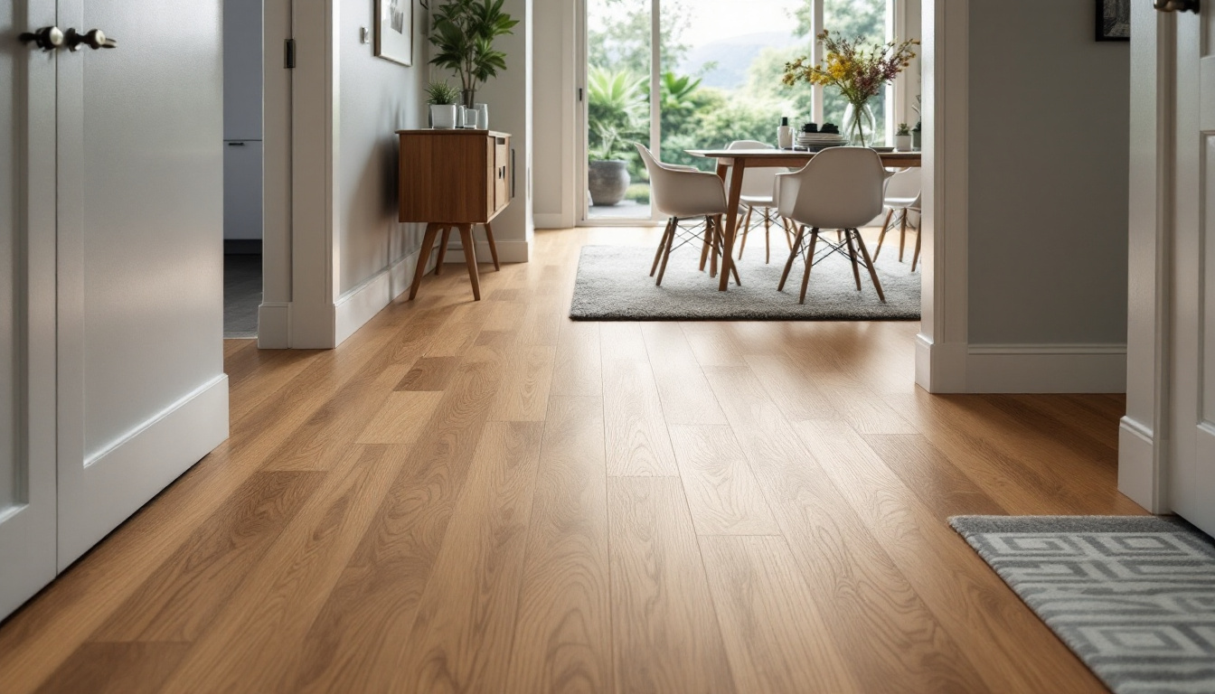 Laminate samples being assessed beside a busy hallway and dining area