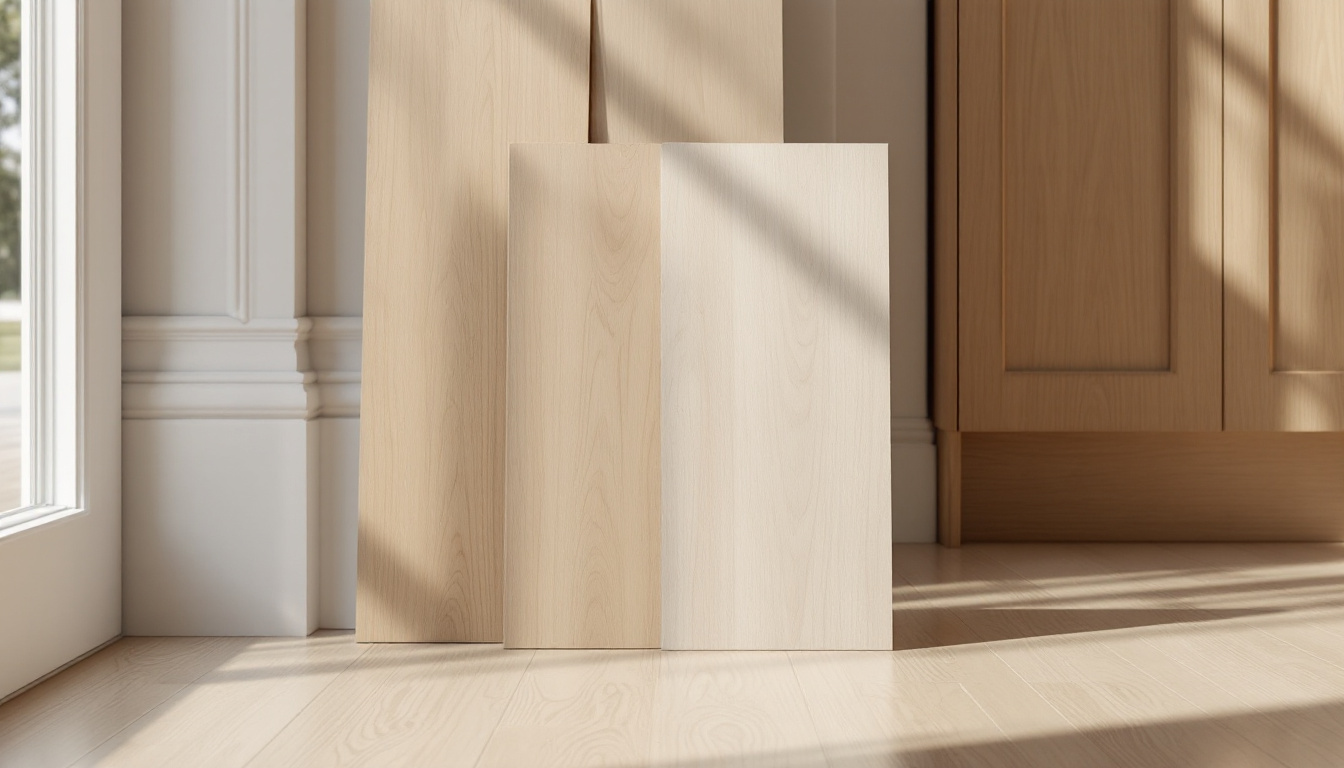 Light and medium oak-look laminate samples viewed in changing daylight