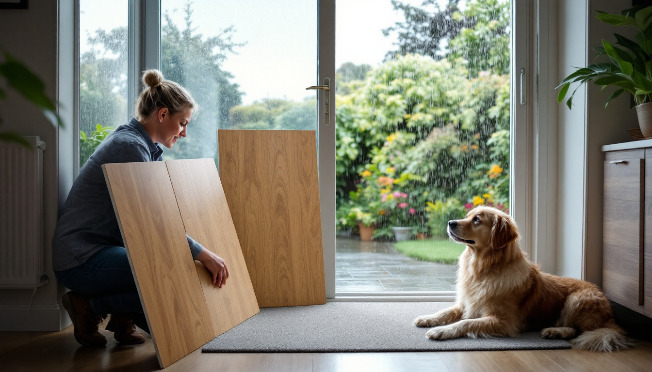Dog owner comparing laminate samples beside a garden entry