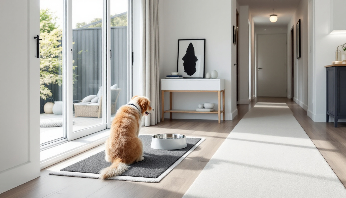 Pet-friendly entry, water bowl and runner zones on laminate flooring