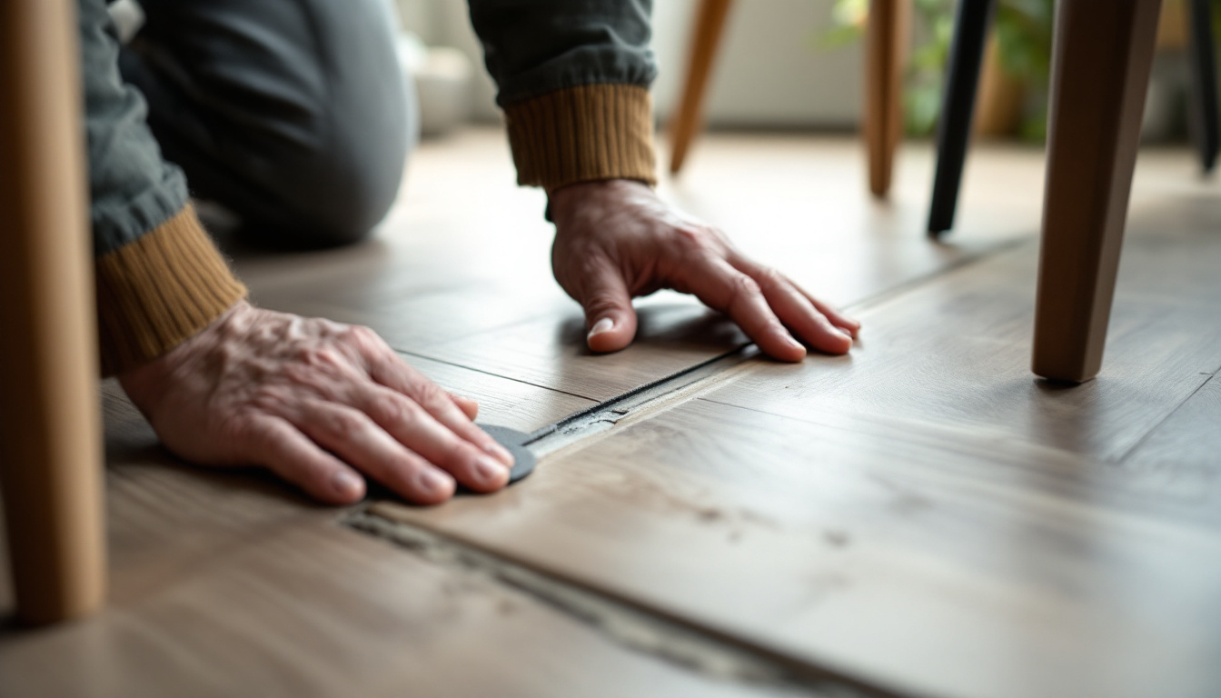 Homeowner inspecting a laminate joint and furniture pads