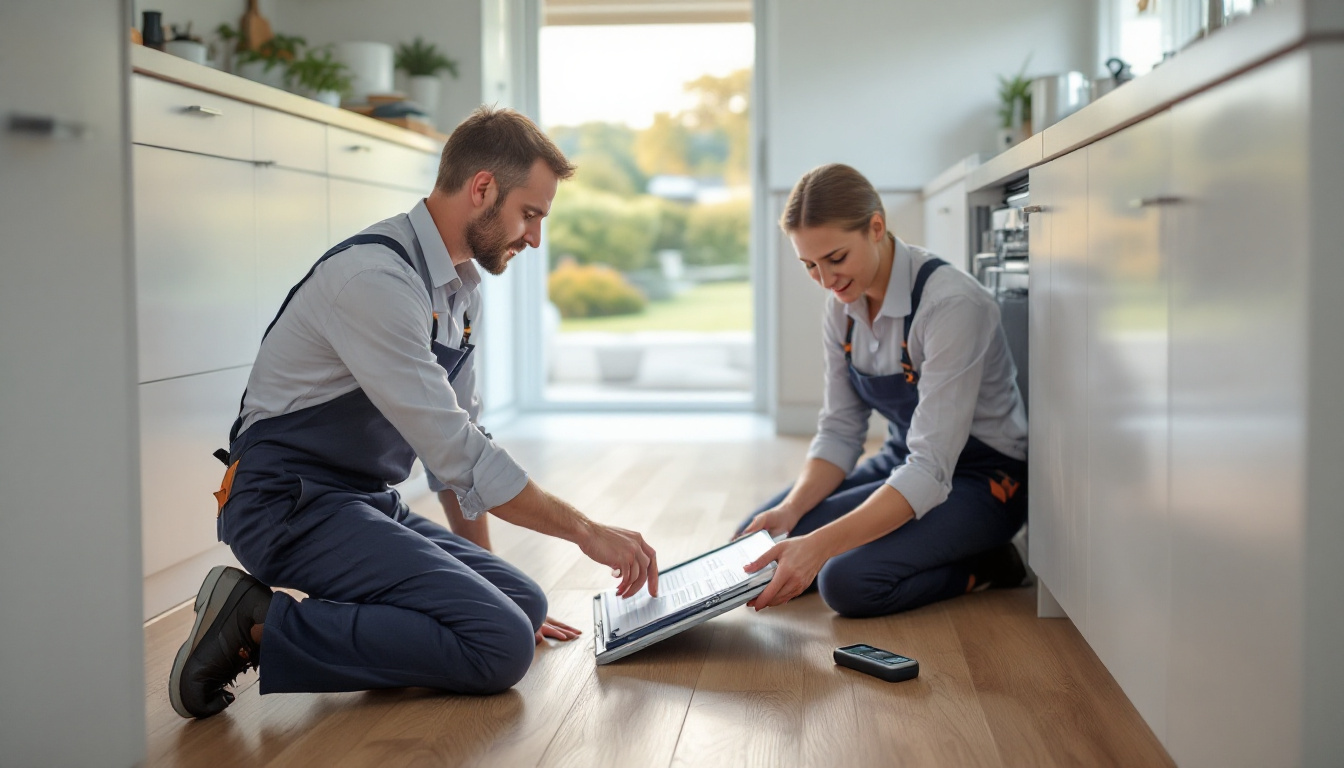 Flooring specialist assessing laminate after an appliance leak