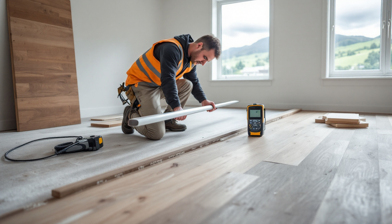 Flooring professional checking the flatness and moisture condition of a prepared subfloor