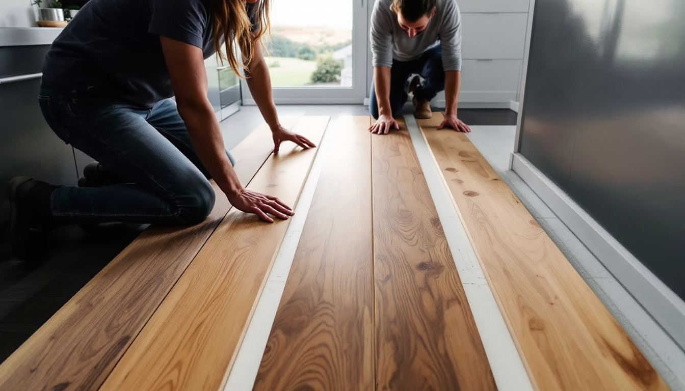 Homeowners comparing several full engineered oak boards in their living room