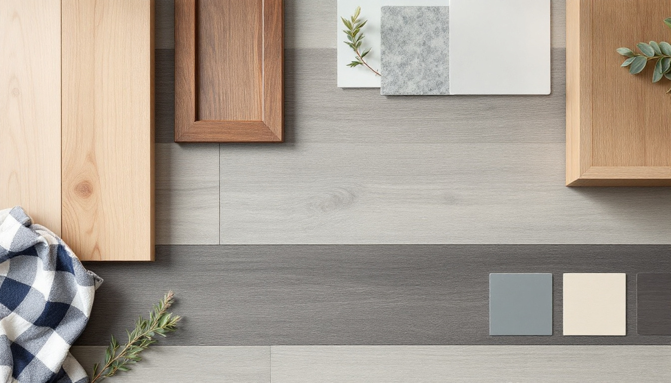 Three flooring colour samples compared beside cabinetry, paint and an existing timber door