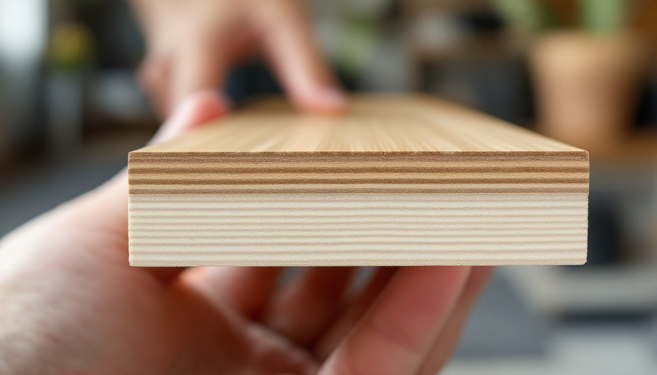 Cross section of an engineered timber floor board showing the real oak veneer and plywood core layers