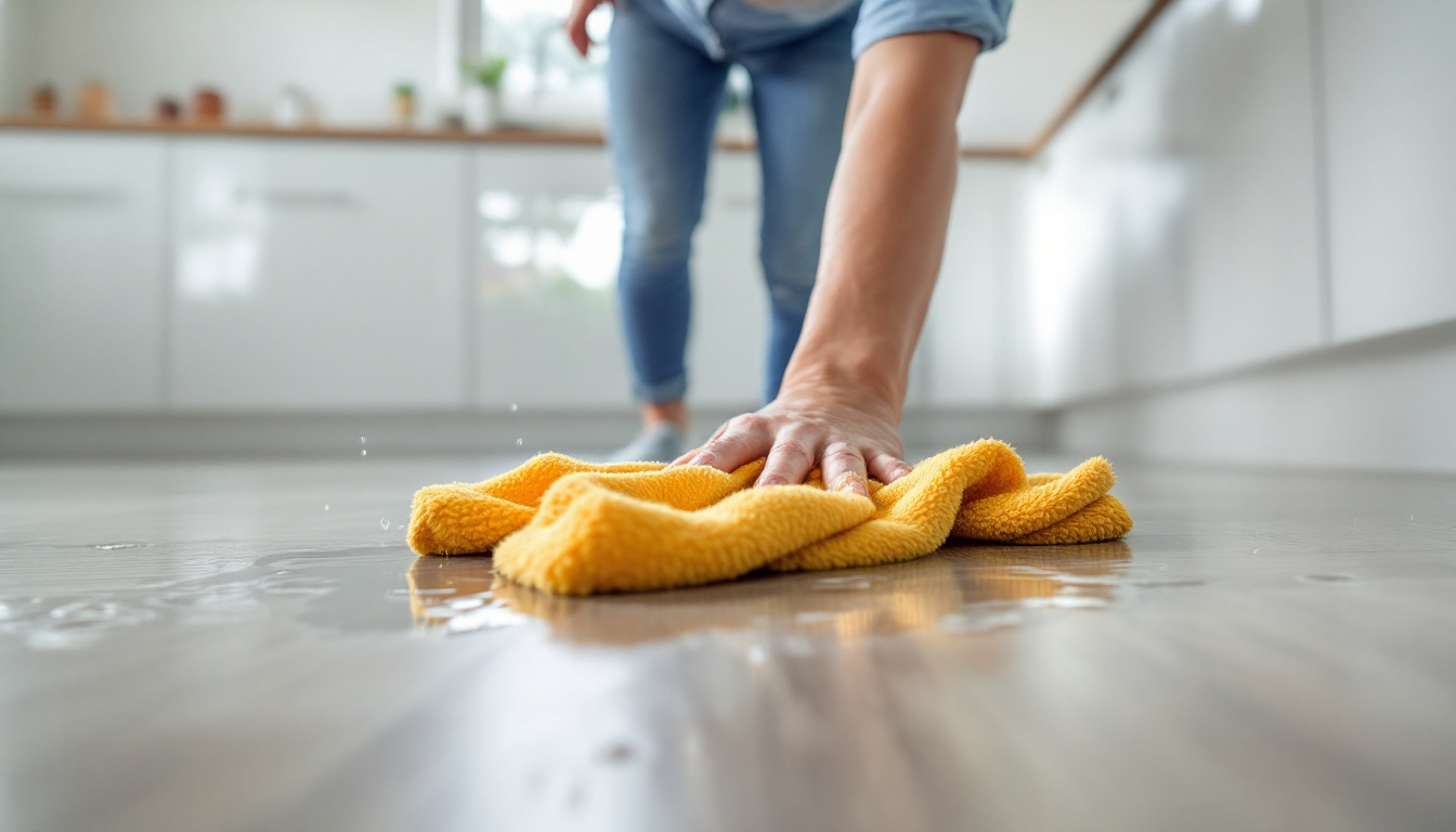 Water resistant laminate flooring being wiped dry in a bright Auckland kitchen