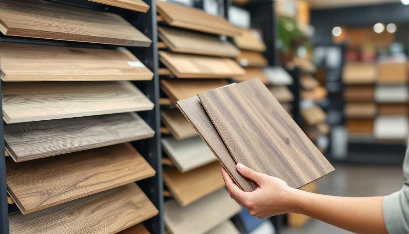 Flooring showroom display with engineered oak and laminate sample boards ready to compare
