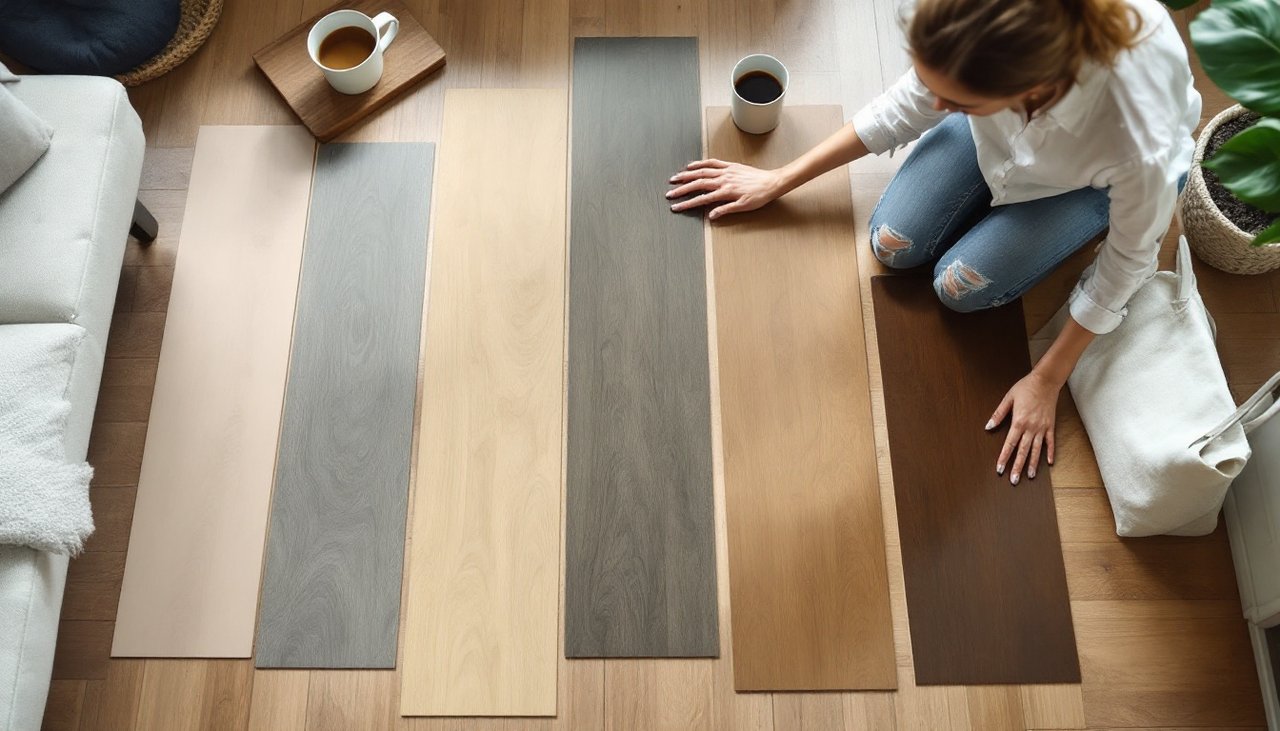 Homeowner comparing oak flooring samples laid side by side on a lounge floor