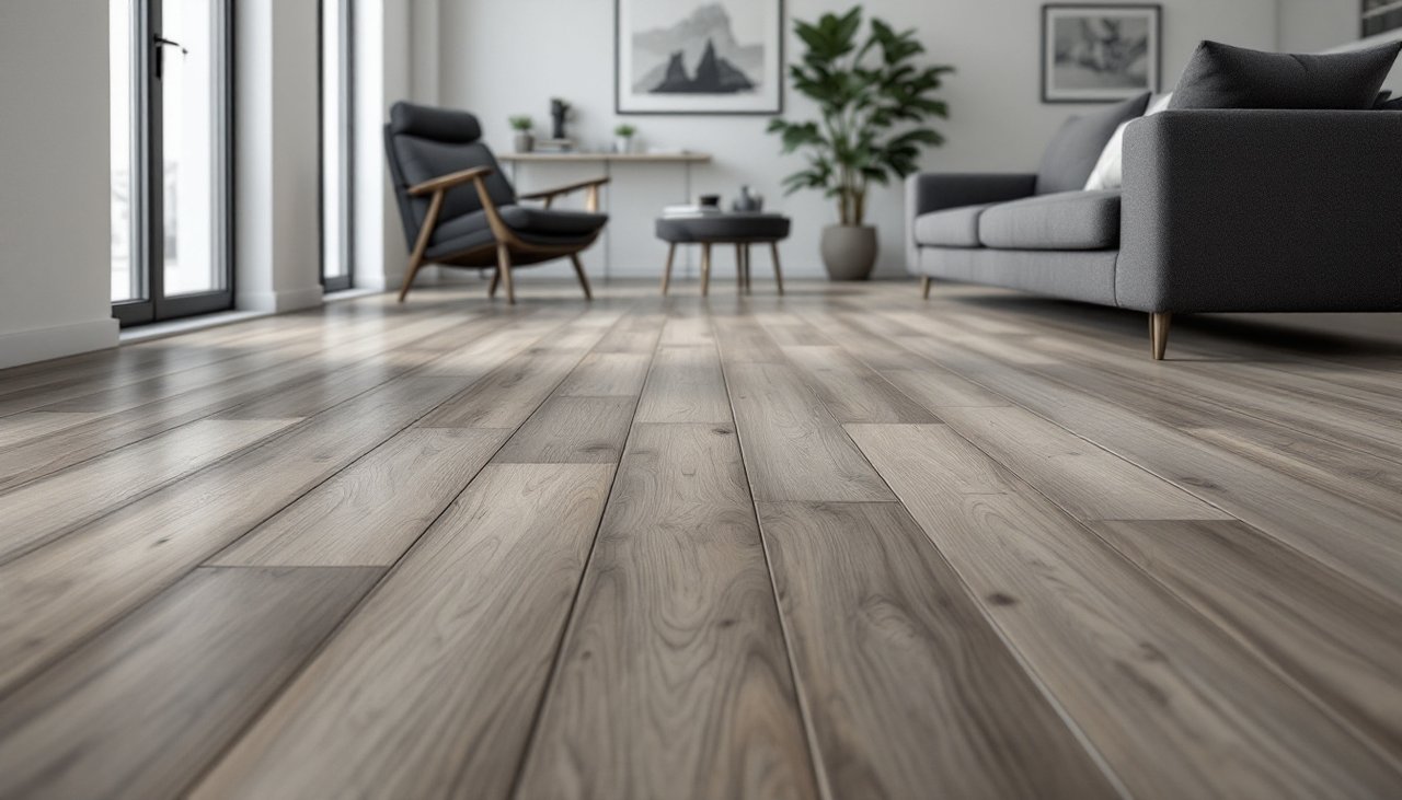 Grey oak laminate flooring in a modern lounge with a charcoal sofa and black window frames