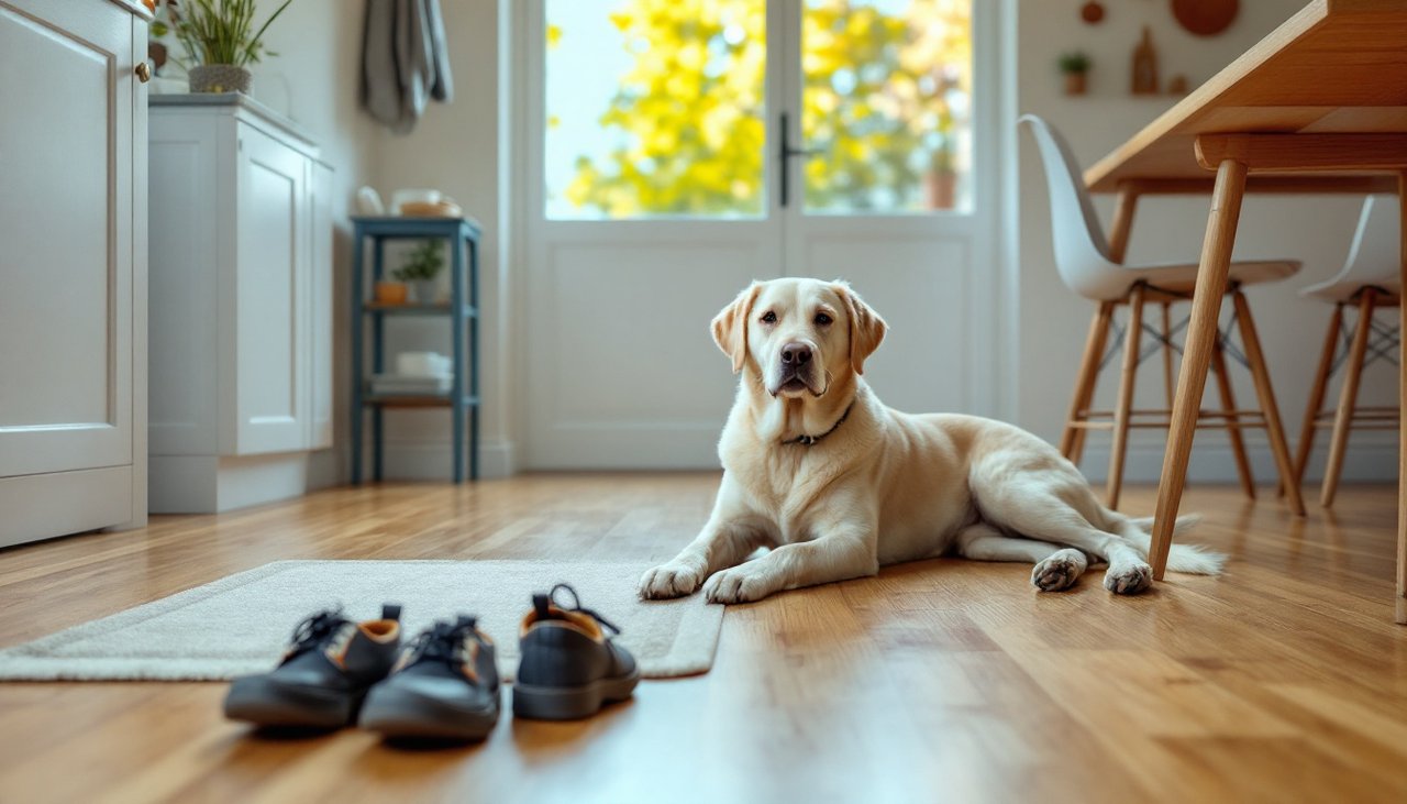 Labrador lying on oak flooring in a family kitchen with school shoes by the back door