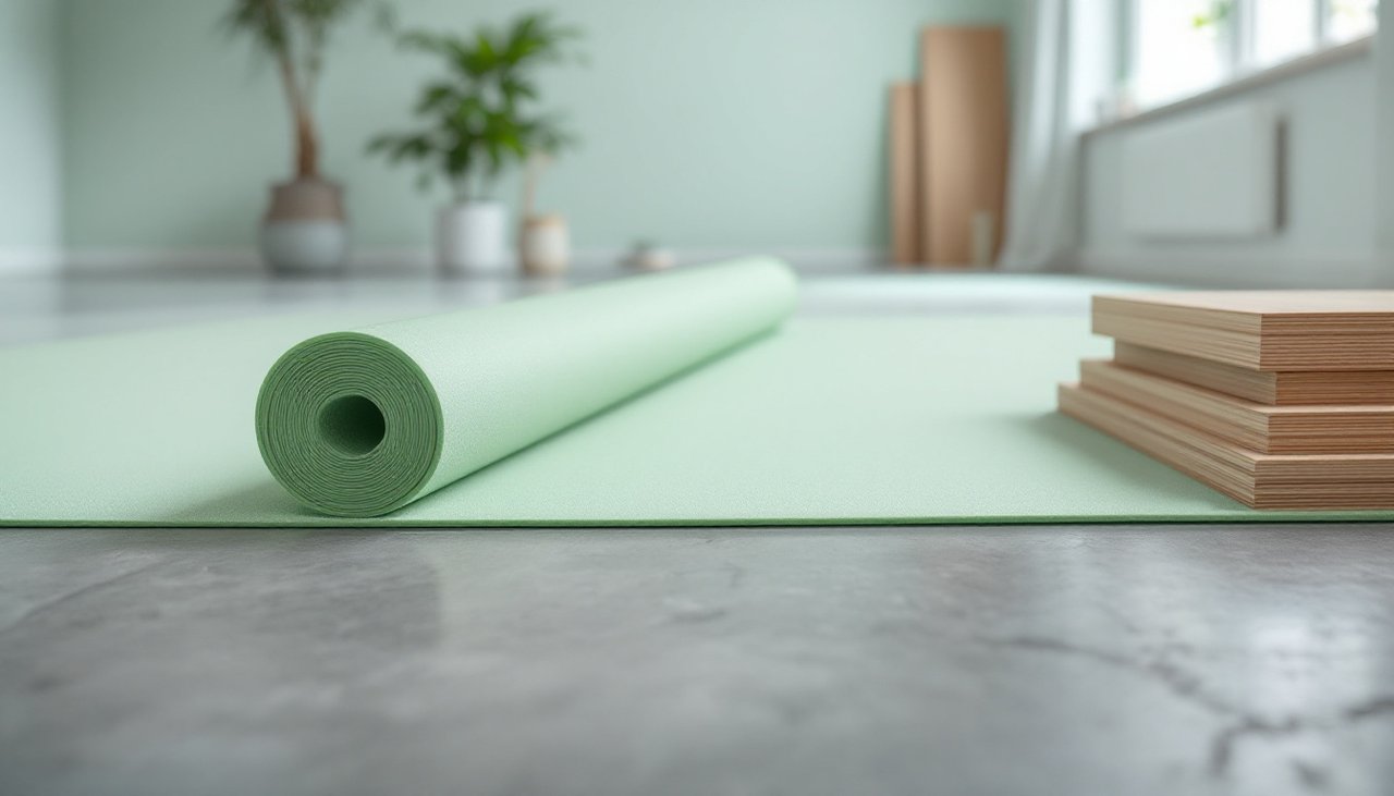 Green 2mm acoustic underlay rolled out on a concrete apartment slab before laminate flooring is installed