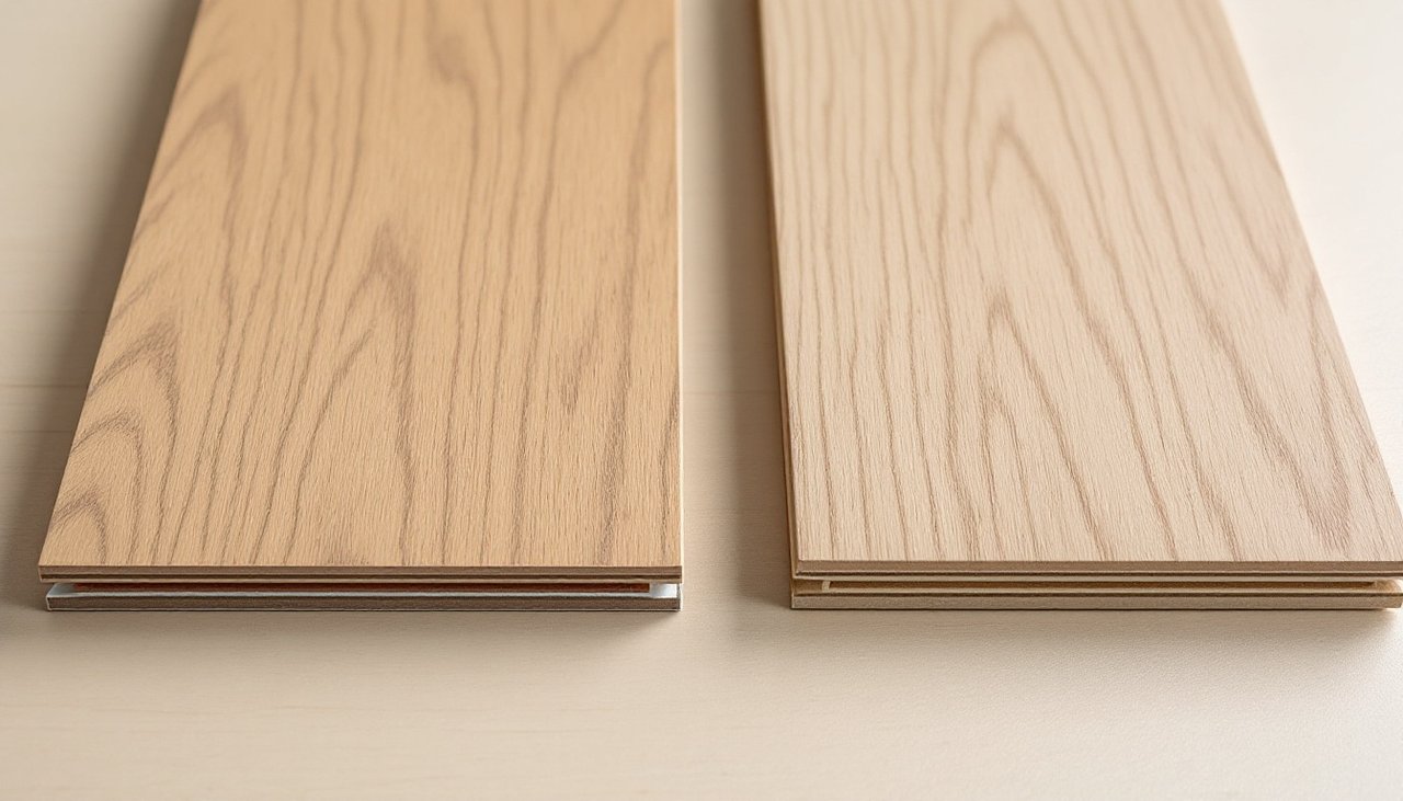 Laminate and engineered timber flooring samples compared side by side for an apartment floor