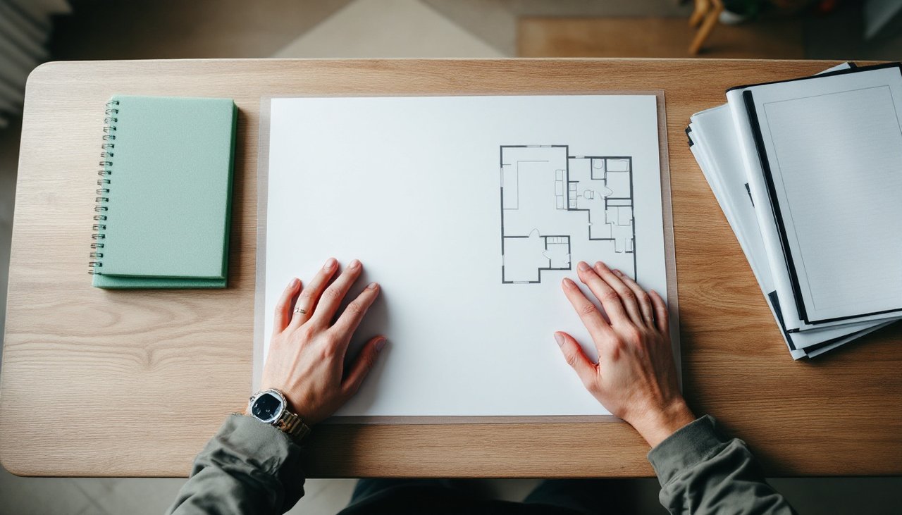 Apartment owner reviewing a floor plan and underlay sample before a body corporate flooring application