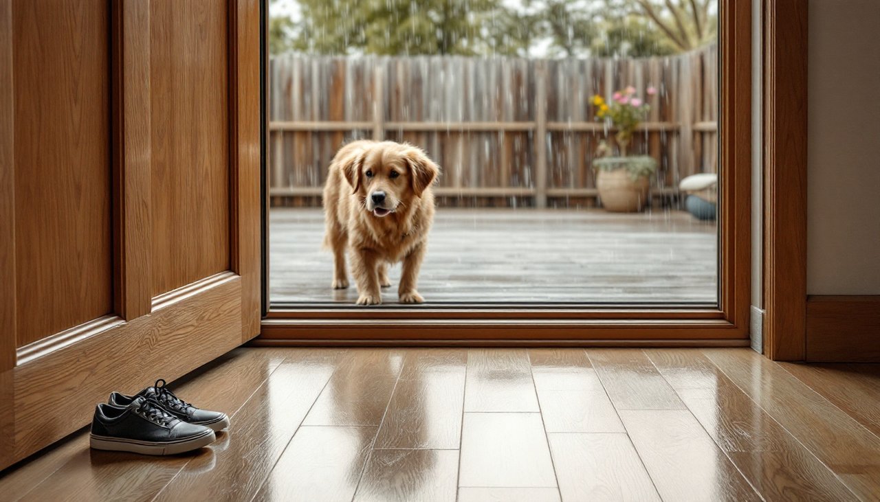 Wet shoes and a damp dog on mid brown oak laminate flooring at a back door entry