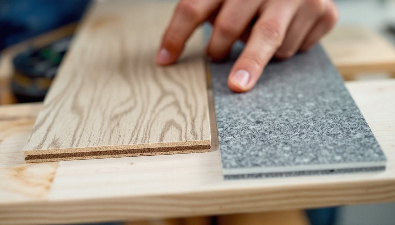 Close up of a laminate flooring board edge with HDF core beside a grey SPC flooring sample on a workbench