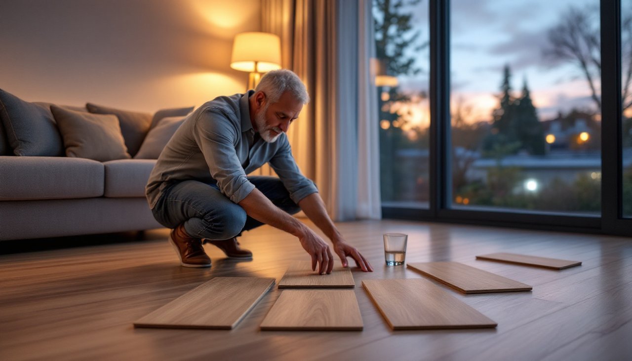 Homeowner comparing oak laminate flooring samples on a living room floor in evening light
